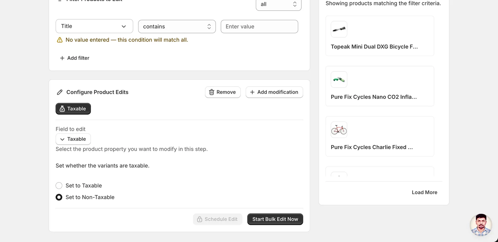 Configuration panel with Set to Non-Taxable selected