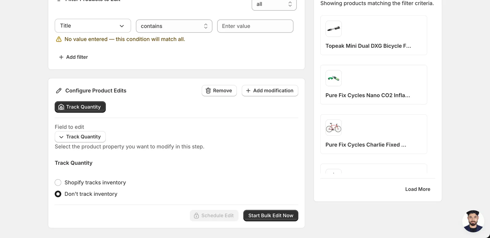 The Track Quantity form with Shopify tracks inventory and Don't track inventory radio buttons; Don't track inventory is selected