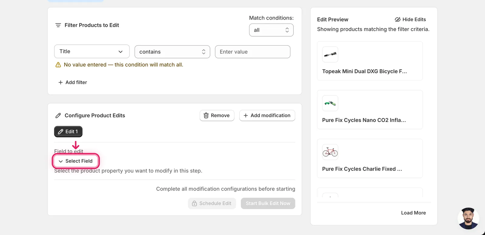 The Select Field button in the Configure Product Edits panel