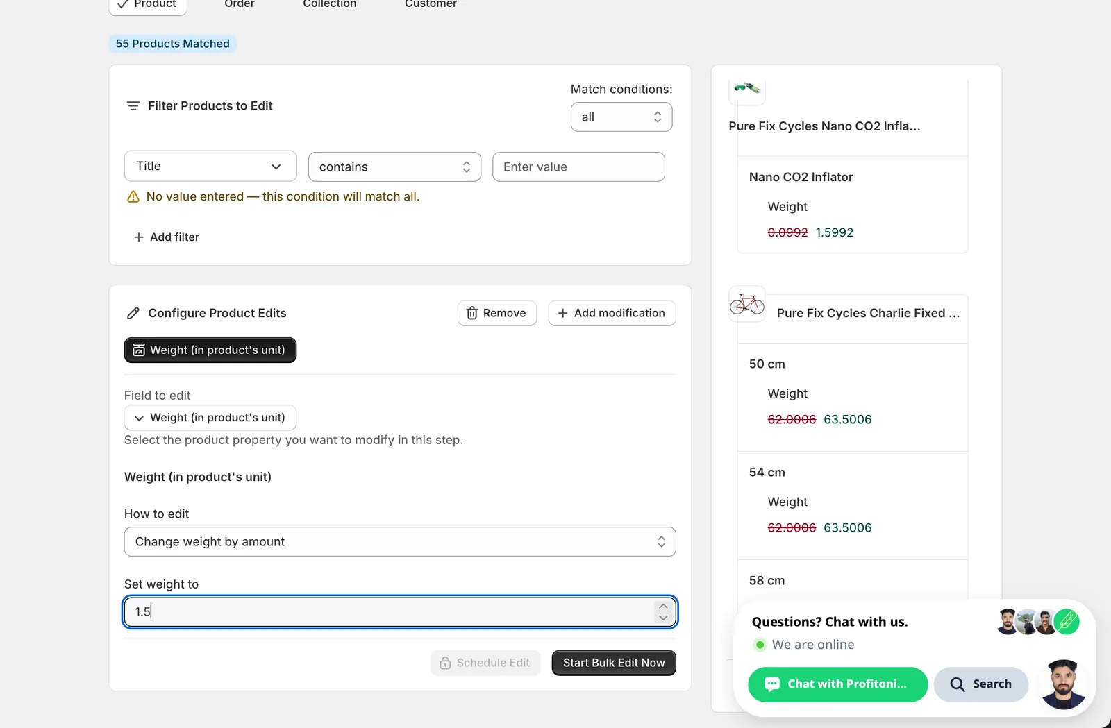 Change weight by amount selected with 1.5 entered; preview shows current weight (e.g. 0.0992 → 1.5992 and 62.0006 → 63.5006) with the original struck through