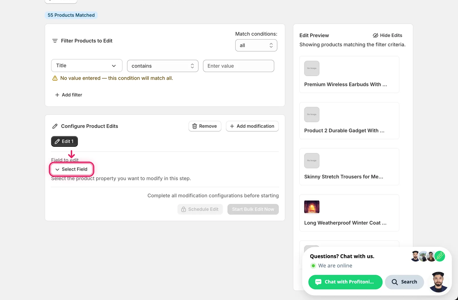 The Configure Product Edits panel with the Select Field button outlined