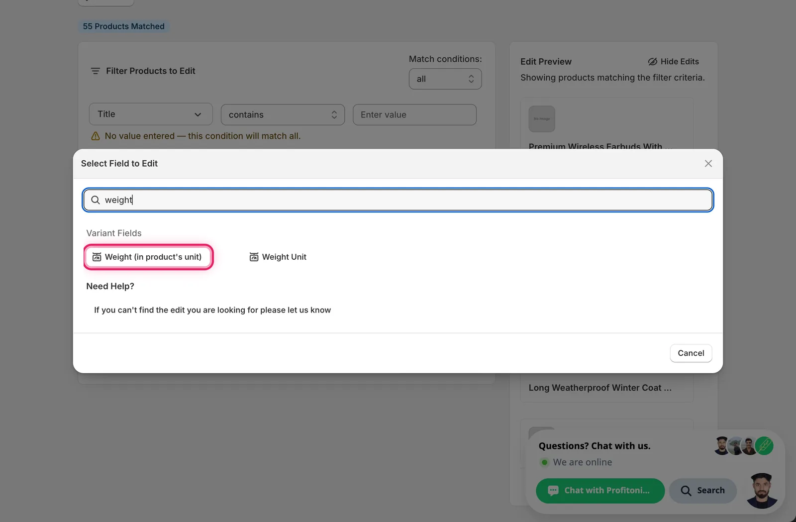 Select Field modal filtered to "weight", showing Weight (in product's unit) and Weight Unit