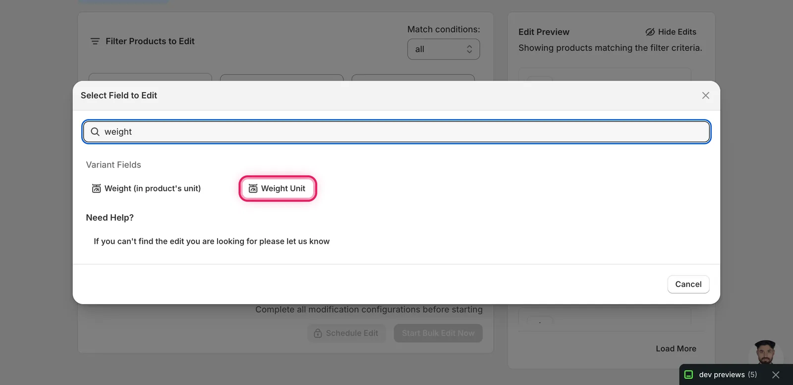 Select Field modal filtered to "weight" with Weight Unit highlighted under Variant Fields