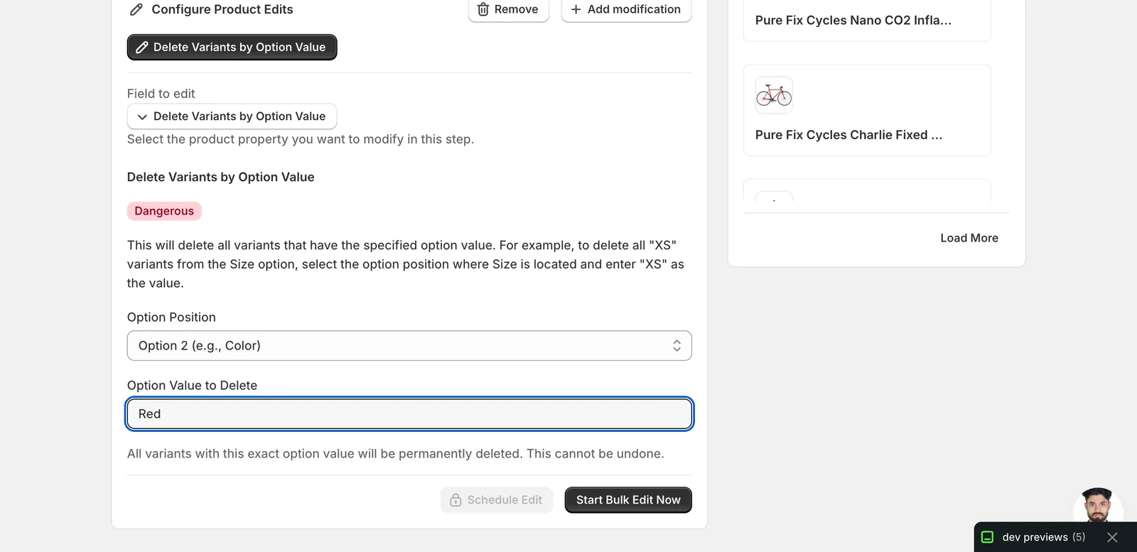 The form with Option Position set to Option 2 (e.g., Color), Option Value field showing "Red", and the Start Bulk Edit Now button now active