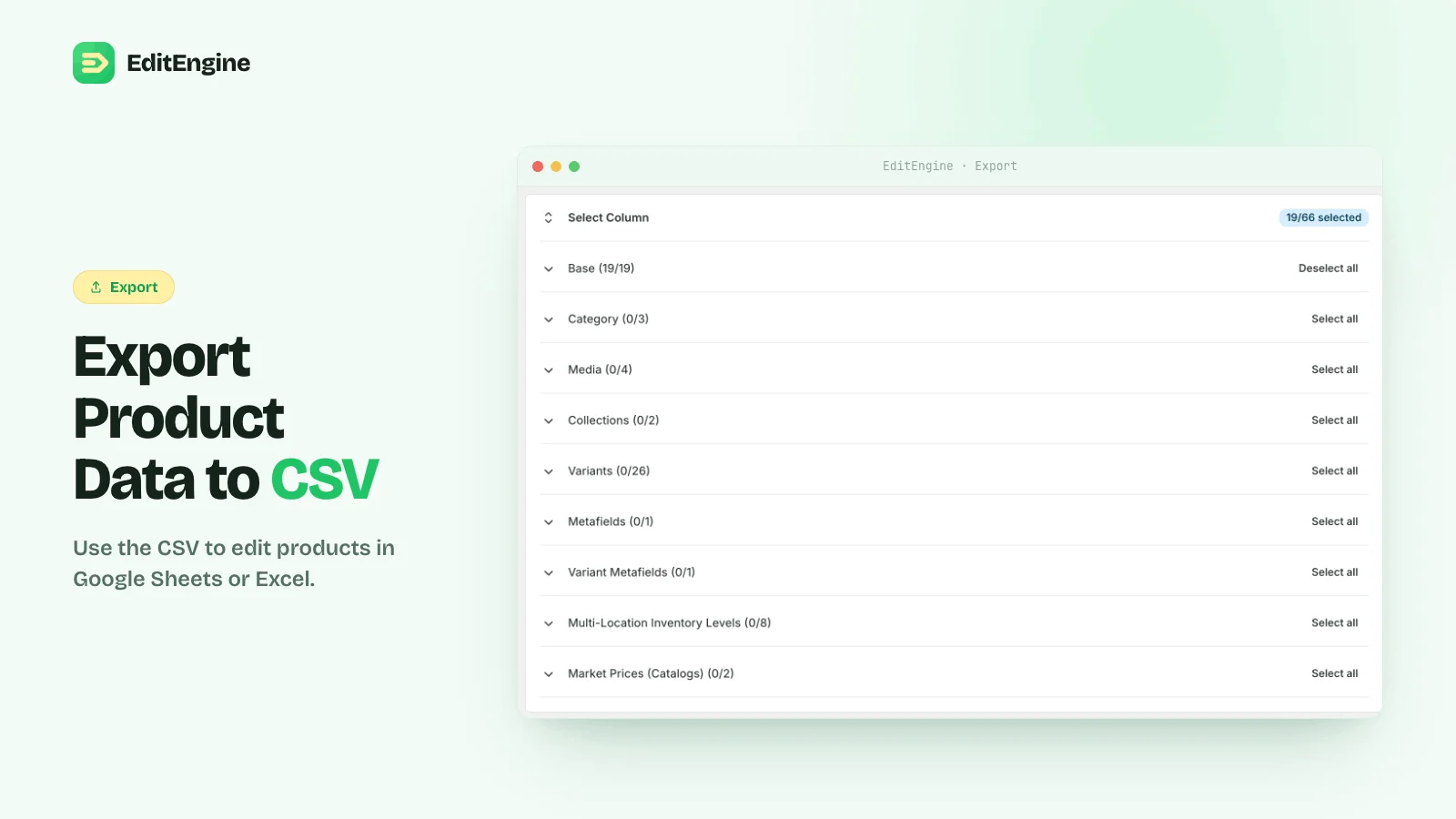 EditEngine export screen with selectable Shopify product columns