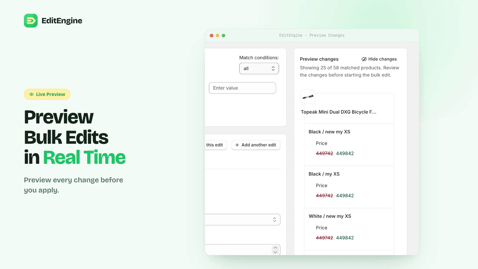 EditEngine showing a real-time preview of bulk price changes before they are applied